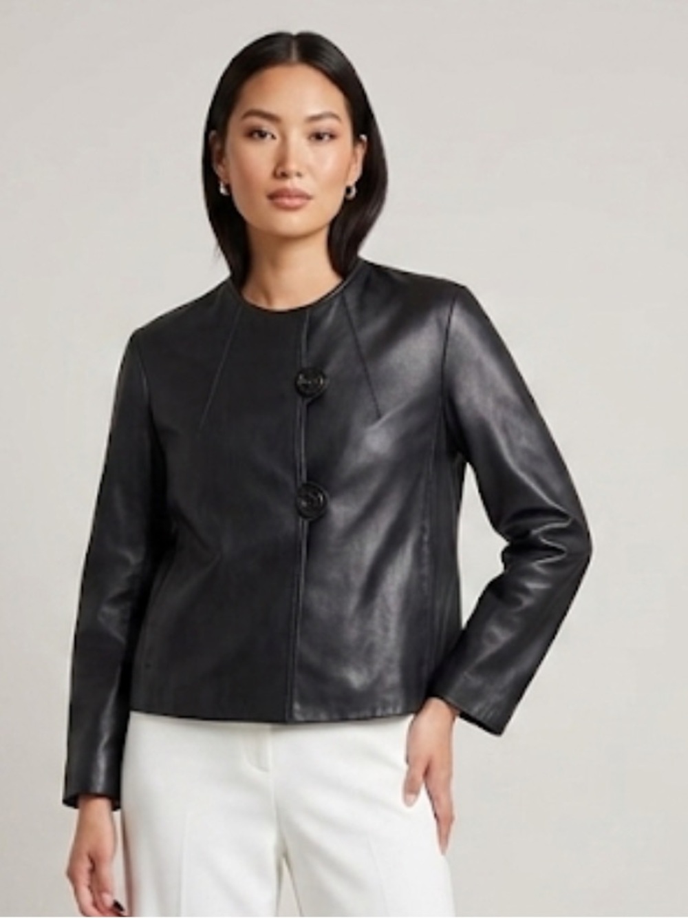 Identify black leather cropped 3/4 sleeve Swing coat jacket size 10